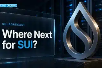 Brushed-metal Sui logo sculpture in a server aisle illustrating Sui price prediction 2026