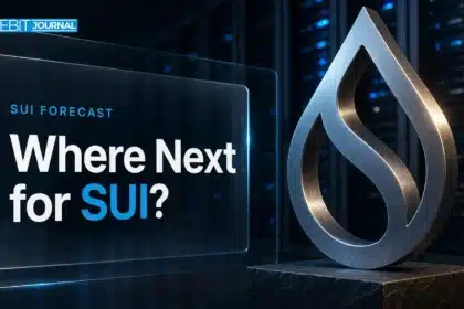 Brushed-metal Sui logo sculpture in a server aisle illustrating Sui price prediction 2026