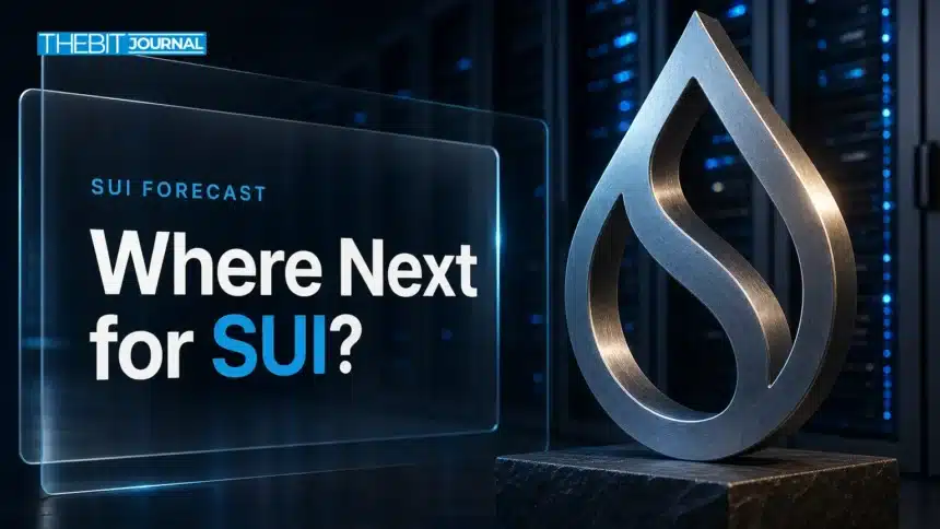 Brushed-metal Sui logo sculpture in a server aisle illustrating Sui price prediction 2026