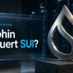Gebürstete Metallskulptur des Sui-Logos in einem Servergang zur Sui Prognose 2026