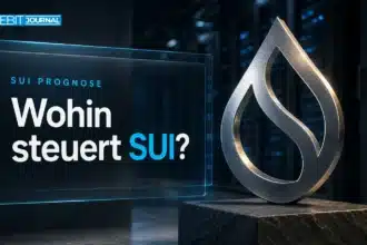 Gebürstete Metallskulptur des Sui-Logos in einem Servergang zur Sui Prognose 2026