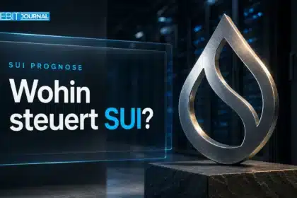 Gebürstete Metallskulptur des Sui-Logos in einem Servergang zur Sui Prognose 2026