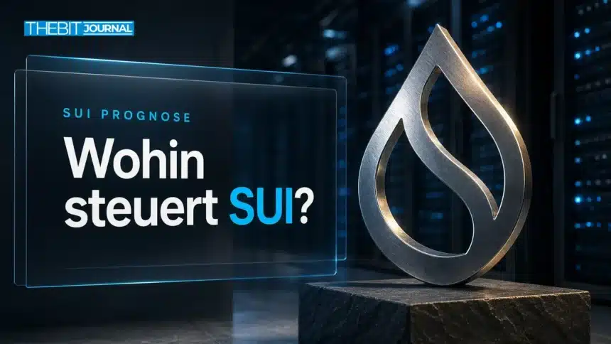 Gebürstete Metallskulptur des Sui-Logos in einem Servergang zur Sui Prognose 2026