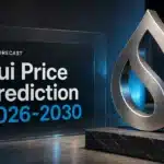 Brushed-metal droplet sculpture illustrating Sui price prediction 2026-2030