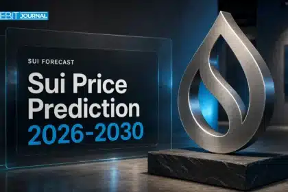 Brushed-metal droplet sculpture illustrating Sui price prediction 2026-2030