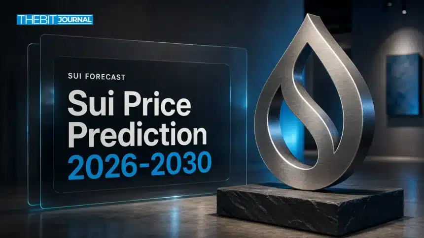 Brushed-metal droplet sculpture illustrating Sui price prediction 2026-2030