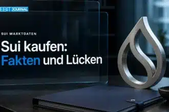 Sui kaufen: Tropfenförmige Metallskulptur und geschlossene Dokumentenmappe als Motiv für die Prüfung von Marktdaten