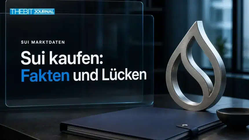 Sui kaufen: Tropfenförmige Metallskulptur und geschlossene Dokumentenmappe als Motiv für die Prüfung von Marktdaten