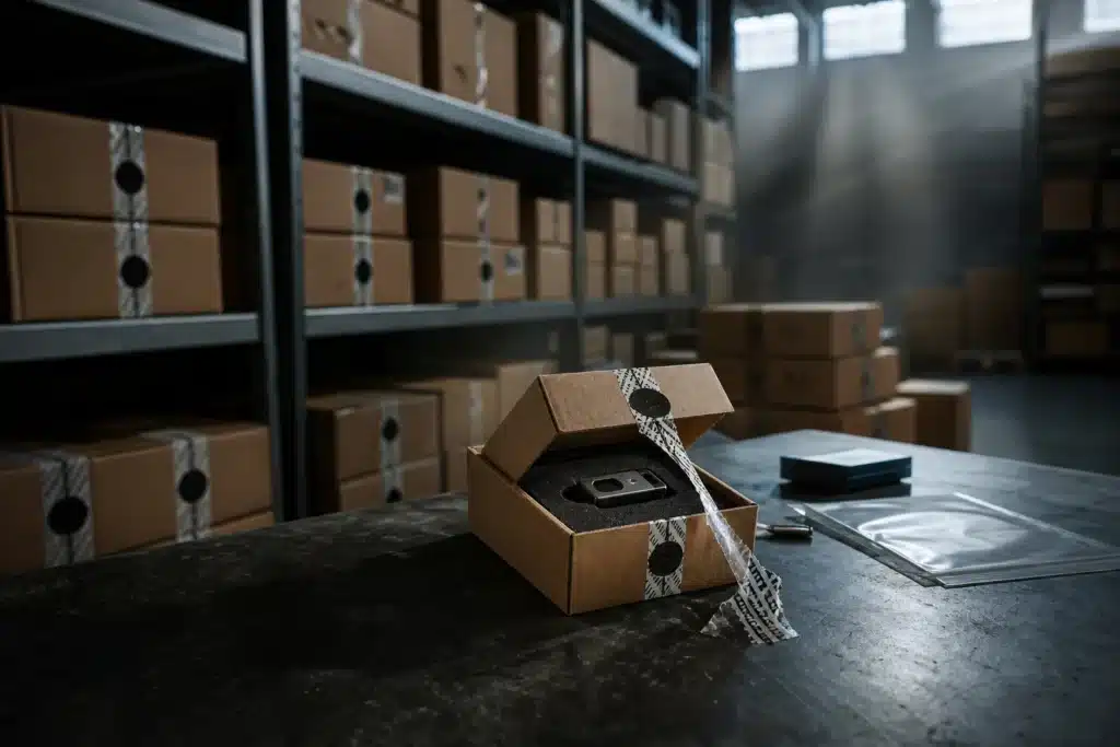 Trezor CryptoBilis Implant Report Prompts Warning to Move Funds 9 Opened parcel with peeled tamper-evident tape in a warehouse, symbolising supply chain risk