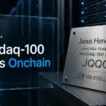 Steel plaque in a data center symbolising the tokenized Nasdaq-100 fund JQQQ on Stellar