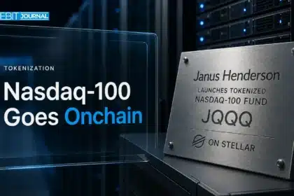 Steel plaque in a data center symbolising the tokenized Nasdaq-100 fund JQQQ on Stellar