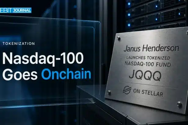 Steel plaque in a data center symbolising the tokenized Nasdaq-100 fund JQQQ on Stellar