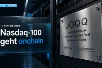 Stahlplakette im Rechenzentrum als Symbol für JQQQ, tokenisierter Nasdaq-100-Fonds auf Stellar