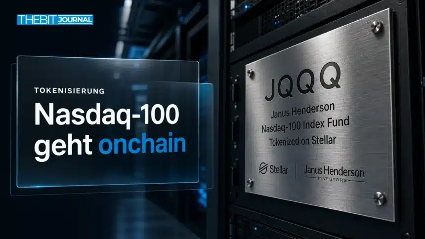 Janus Henderson startet JQQQ: Tokenisierter Nasdaq-100-Fonds auf Stellar 7 Stahlplakette im Rechenzentrum als Symbol für JQQQ, tokenisierter Nasdaq-100-Fonds auf Stellar