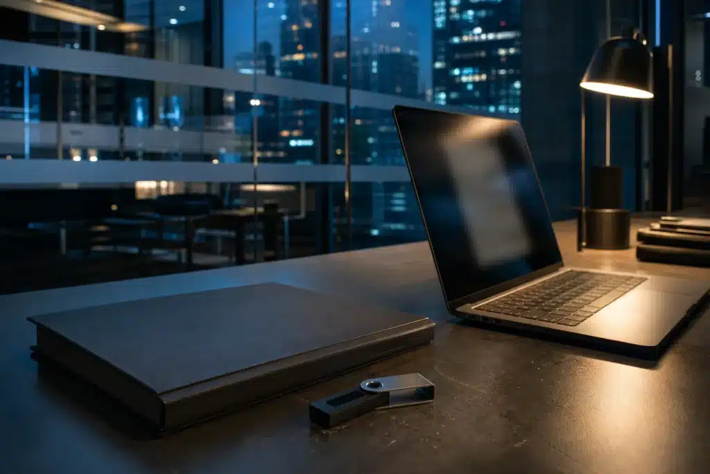 Financial operations desk with a document folder, security device and laptop