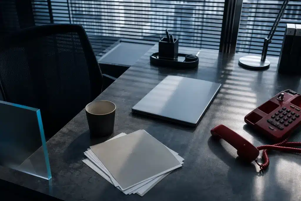 Empty trading desk with face-down margin notices and a phone off the hook at dawn