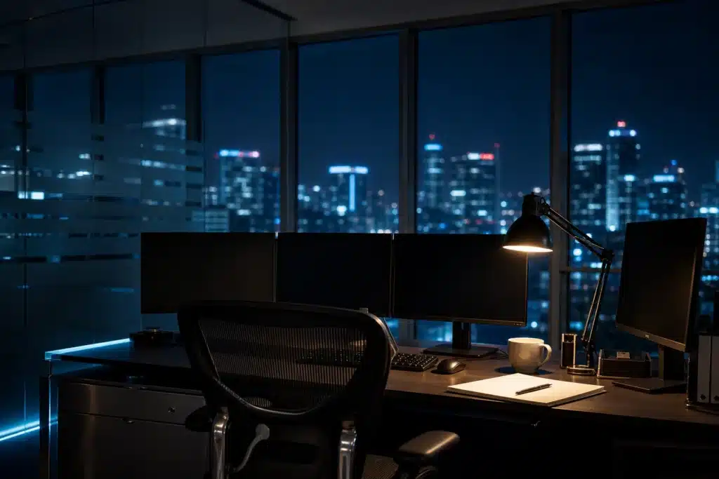 Chainlink Price Prediction 2026: LINK Scenarios, Key Levels and Risks 8 Quiet trading desk at night overlooking city lights, reflecting a slow market for LINK