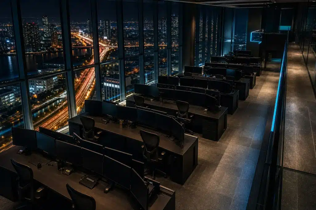 Cardano Price Prediction 2026: ADA Scenarios, Key Levels and Risks 8 Empty trading floor at night with city lights through glass windows