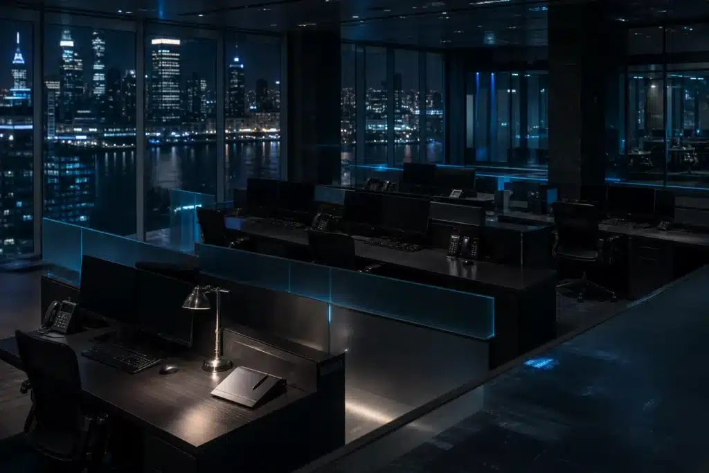 Empty trading floor at night with city lights reflecting through tall windows