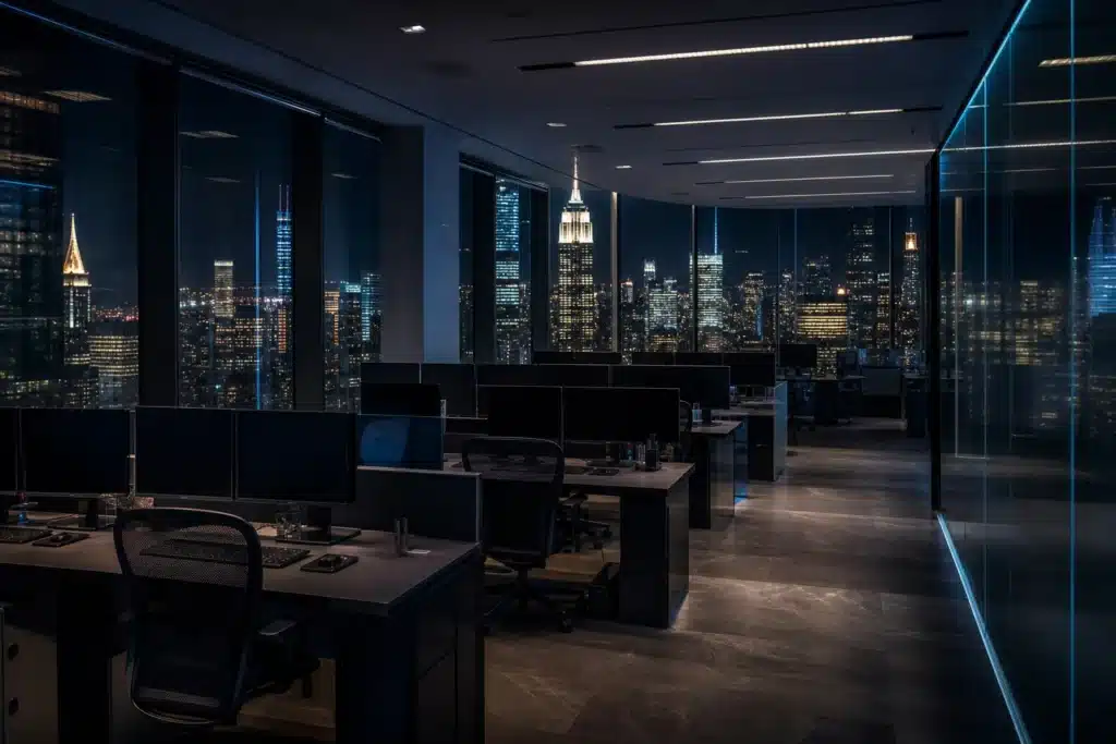 XRP Price Prediction 2026: Scenarios, Key Levels and Risks 1 Empty trading floor at night overlooking a city skyline