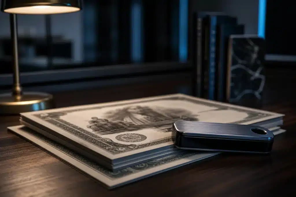 Strategic Bitcoin Reserve Could Grow 'Very Soon,' Says Sen. Hagerty 9 Treasury bond certificates beside a hardware wallet, linking stablecoins and US debt demand