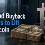 Treasury buyback concept: metal Bitcoin sculpture beside a stack of old government bond certificates