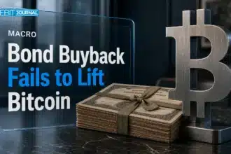 Treasury buyback concept: metal Bitcoin sculpture beside a stack of old government bond certificates