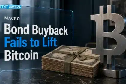 Treasury buyback concept: metal Bitcoin sculpture beside a stack of old government bond certificates