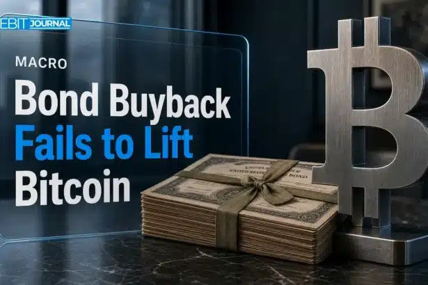 Treasury buyback concept: metal Bitcoin sculpture beside a stack of old government bond certificates