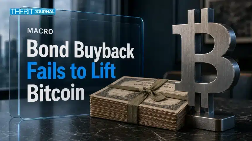 Treasury buyback concept: metal Bitcoin sculpture beside a stack of old government bond certificates