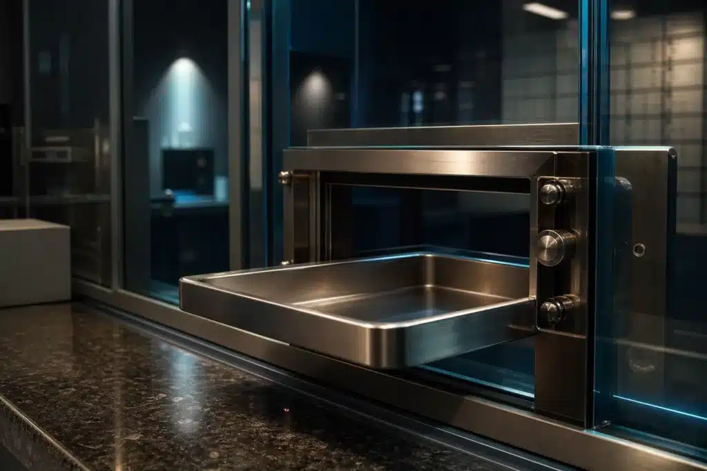 Secure transfer tray and locking assembly viewed through a treasury room glass partition