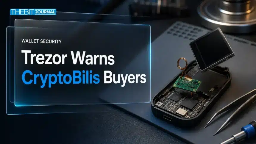 Trezor CryptoBilis Implant Report Prompts Warning to Move Funds 7 Opened hardware wallet on a lab bench illustrating the Trezor CryptoBilis implant report