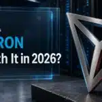 Metal TRON logo sculpture in a data center, illustrating whether TRON is a good investment in 2026