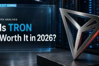 Metal TRON logo sculpture in a data center, illustrating whether TRON is a good investment in 2026