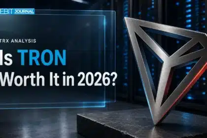Metal TRON logo sculpture in a data center, illustrating whether TRON is a good investment in 2026
