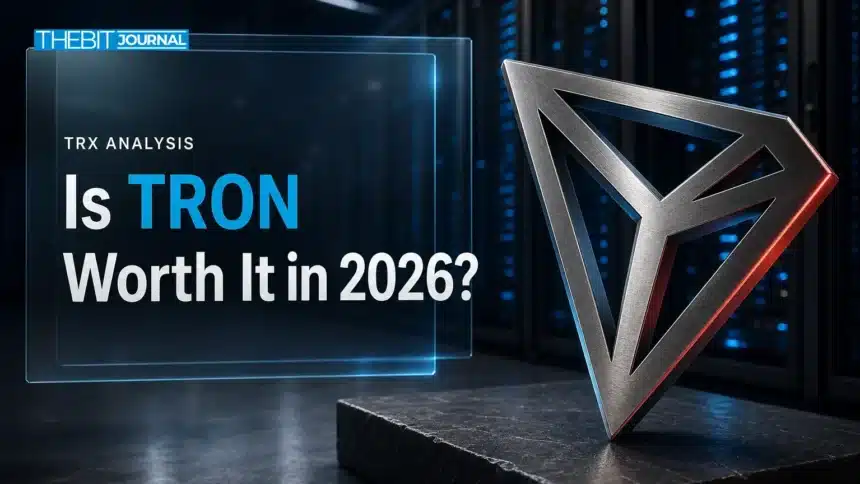 Is TRON a Good Investment in 2026? What the Data and Risks Show 7 Metal TRON logo sculpture in a data center, illustrating whether TRON is a good investment in 2026