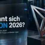 Metallskulptur des TRON-Logos in einem Rechenzentrum zur Frage: Lohnt sich TRON 2026?