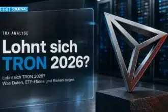 Metallskulptur des TRON-Logos in einem Rechenzentrum zur Frage: Lohnt sich TRON 2026?