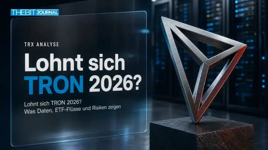 Metallskulptur des TRON-Logos in einem Rechenzentrum zur Frage: Lohnt sich TRON 2026?