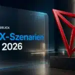 Rote Metallskulptur des TRON-Logos in einer dunklen Galerie zur TRON Prognose 2026