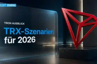 Rote Metallskulptur des TRON-Logos in einer dunklen Galerie zur TRON Prognose 2026
