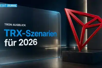 Rote Metallskulptur des TRON-Logos in einer dunklen Galerie zur TRON Prognose 2026