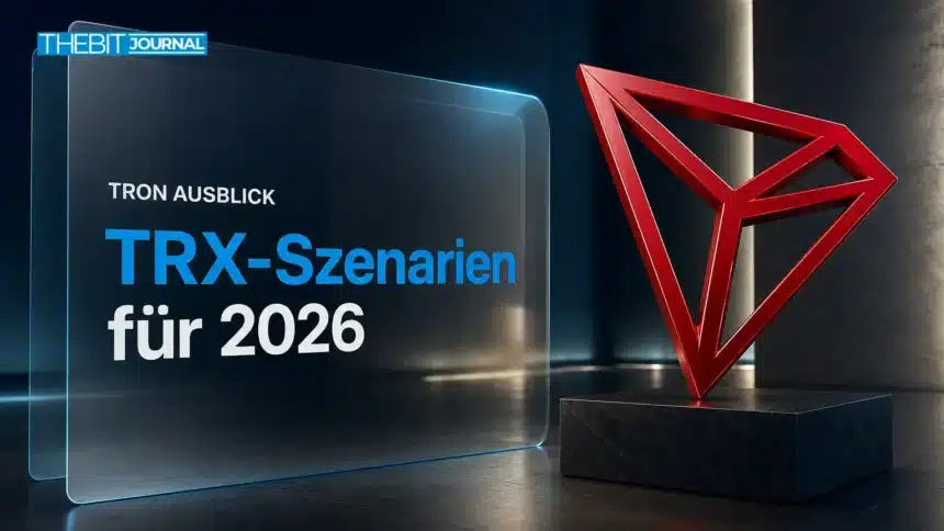 Rote Metallskulptur des TRON-Logos in einer dunklen Galerie zur TRON Prognose 2026