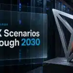 Brushed-metal TRON logo sculpture in a data center illustrating TRON price prediction 2026-2030
