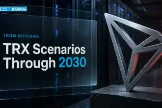 Brushed-metal TRON logo sculpture in a data center illustrating TRON price prediction 2026-2030