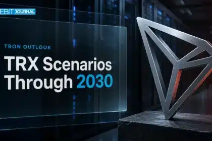 Brushed-metal TRON logo sculpture in a data center illustrating TRON price prediction 2026-2030