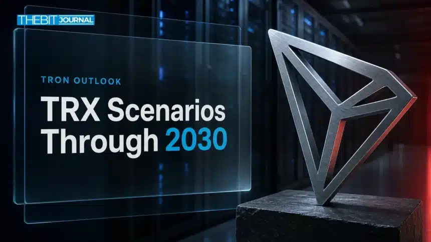 TRON Price Prediction 2026-2030: TRX Scenarios, Key Levels and Risks 7 Brushed-metal TRON logo sculpture in a data center illustrating TRON price prediction 2026-2030