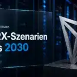 Gebürstete Metallskulptur des TRON-Logos in einem Rechenzentrum zur TRON Prognose 2030