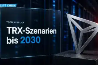 Gebürstete Metallskulptur des TRON-Logos in einem Rechenzentrum zur TRON Prognose 2030