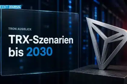Gebürstete Metallskulptur des TRON-Logos in einem Rechenzentrum zur TRON Prognose 2030